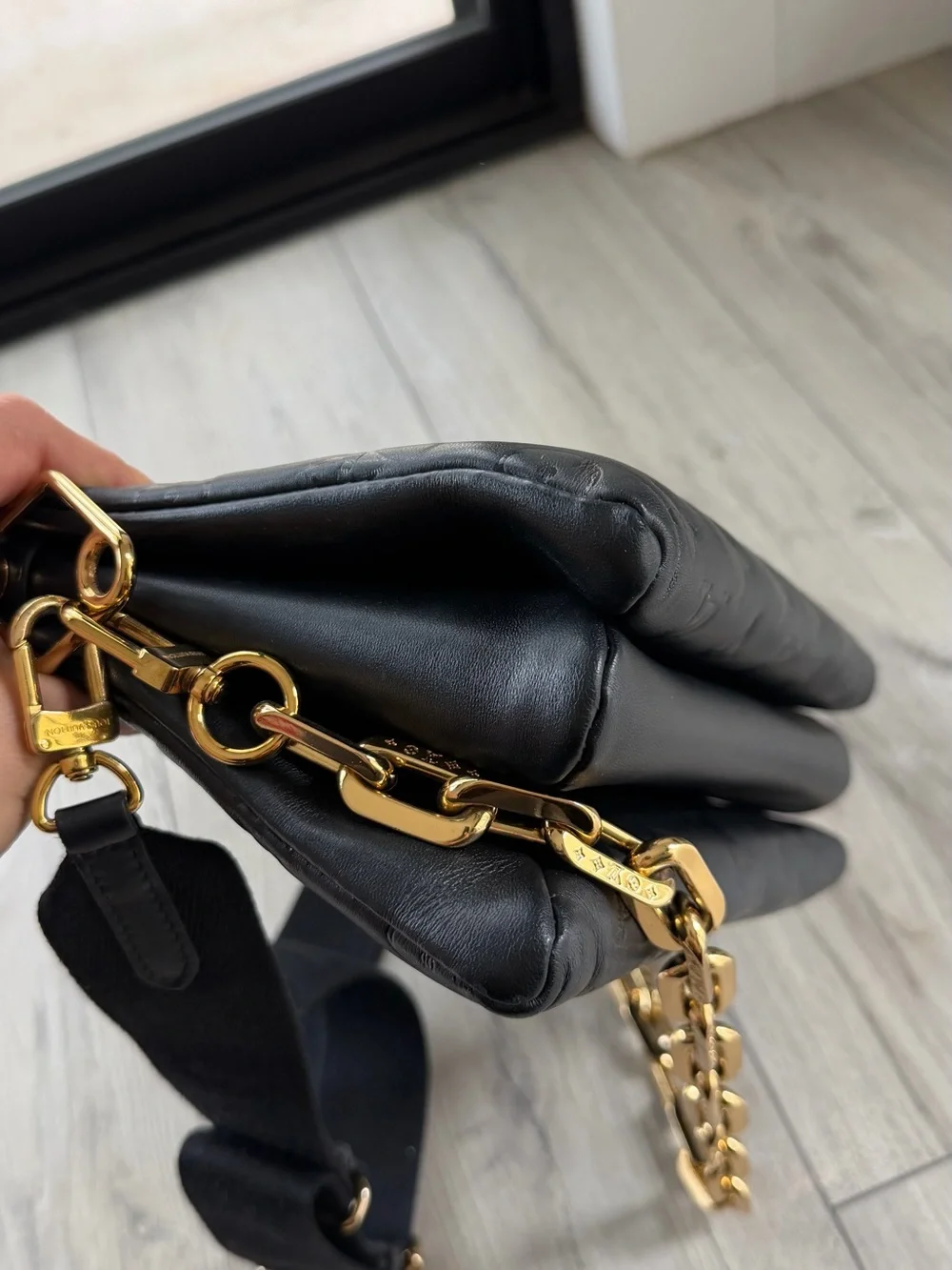 Louis Vuitton Black Monogram Embossed Crossbody with Gold Chain Strap